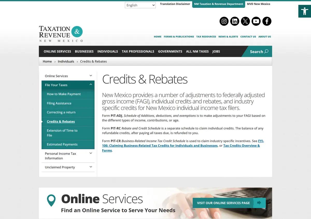 The New Mexico Taxation and Revenue credits and rebates page.