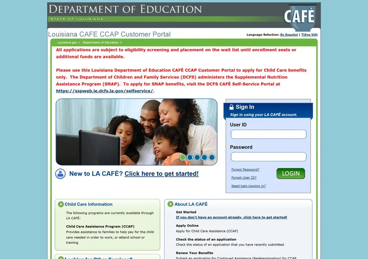 The Louisiana CAFE child care self-service portal.