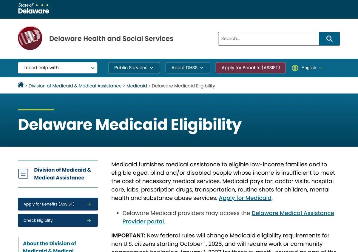 The Delaware Medicaid eligibility page.