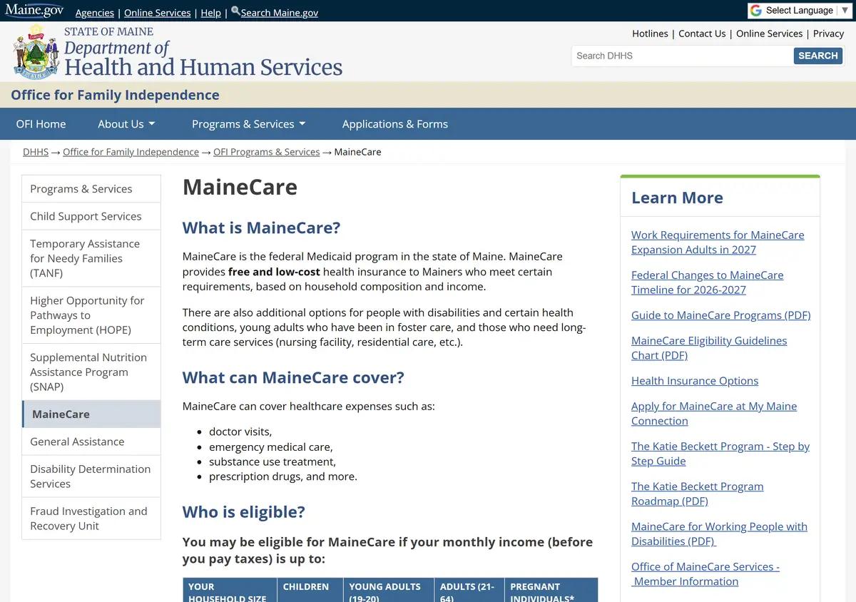Maine's MaineCare (Medicaid) program page.