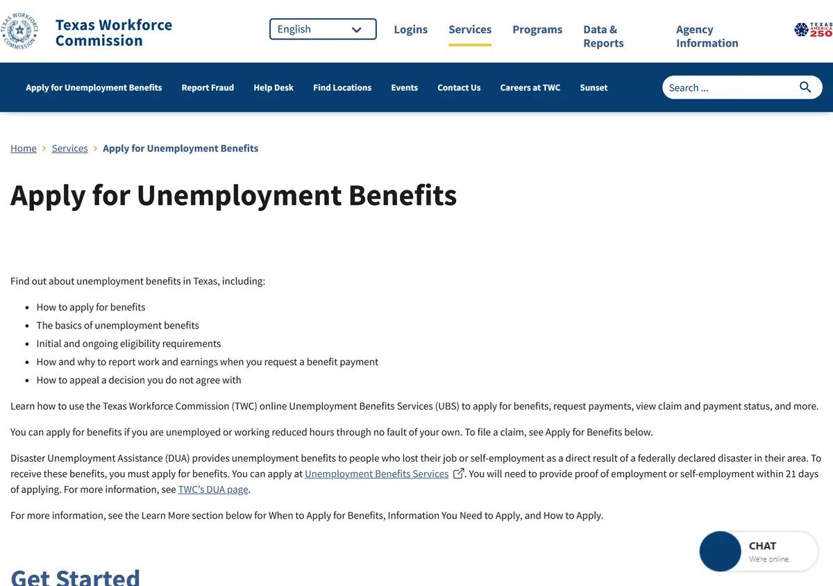 The TWC apply for benefits page.