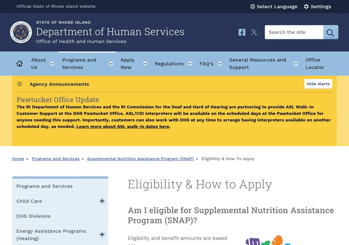 The Rhode Island DHS SNAP eligibility page.