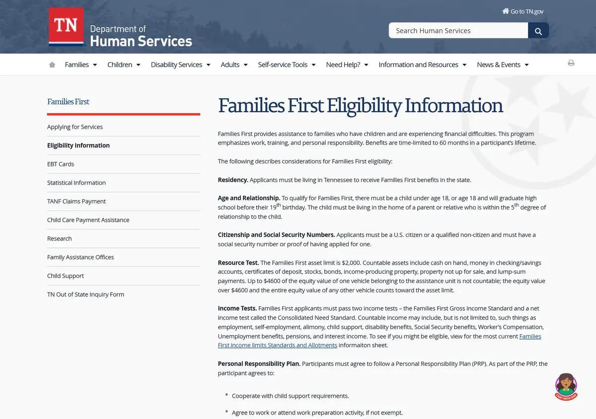 The Tennessee Families First eligibility information page.