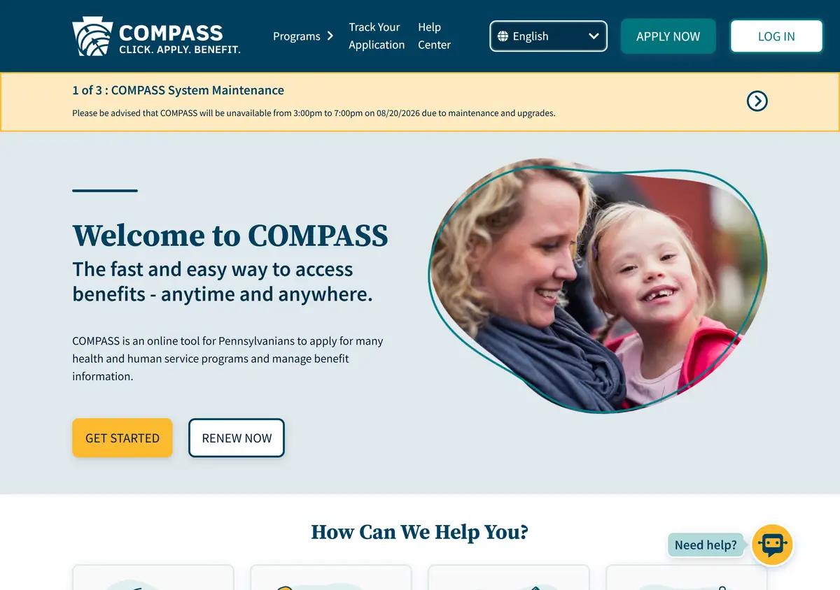 The COMPASS homepage at compass.dhs.pa.gov, Pennsylvania's official benefits application portal.