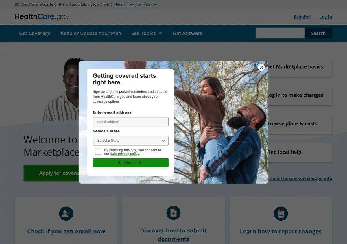 The HealthCare.gov homepage.