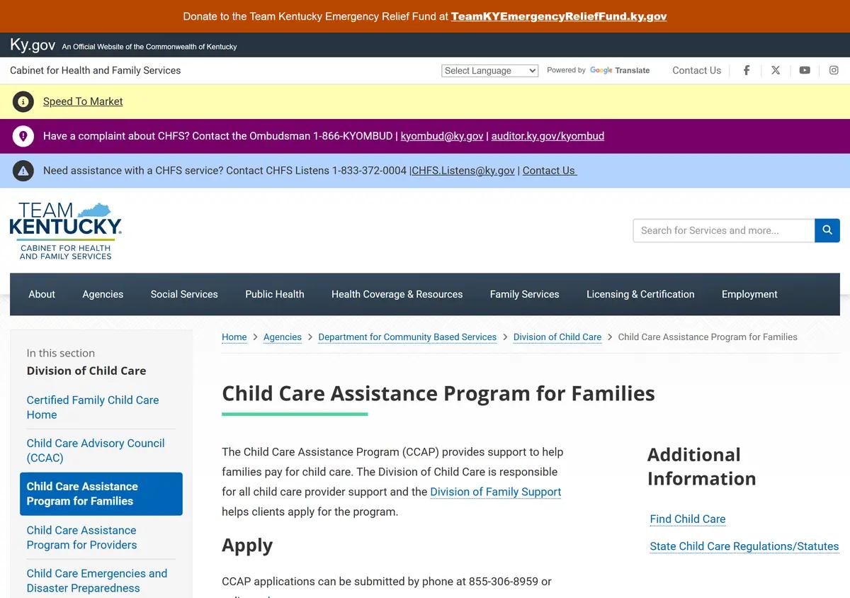 The Kentucky CHFS Child Care Assistance Program page.