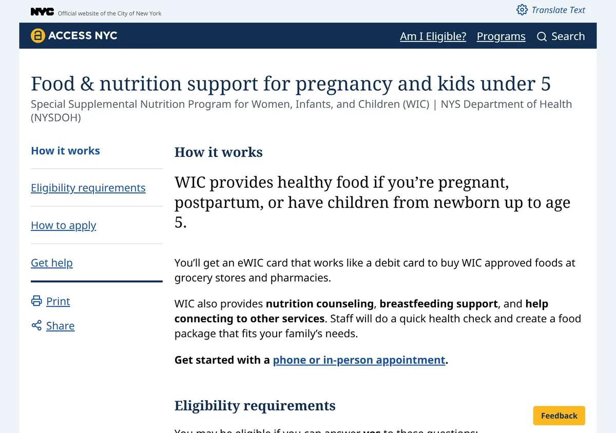 The ACCESS NYC WIC page showing eligibility and the income table.