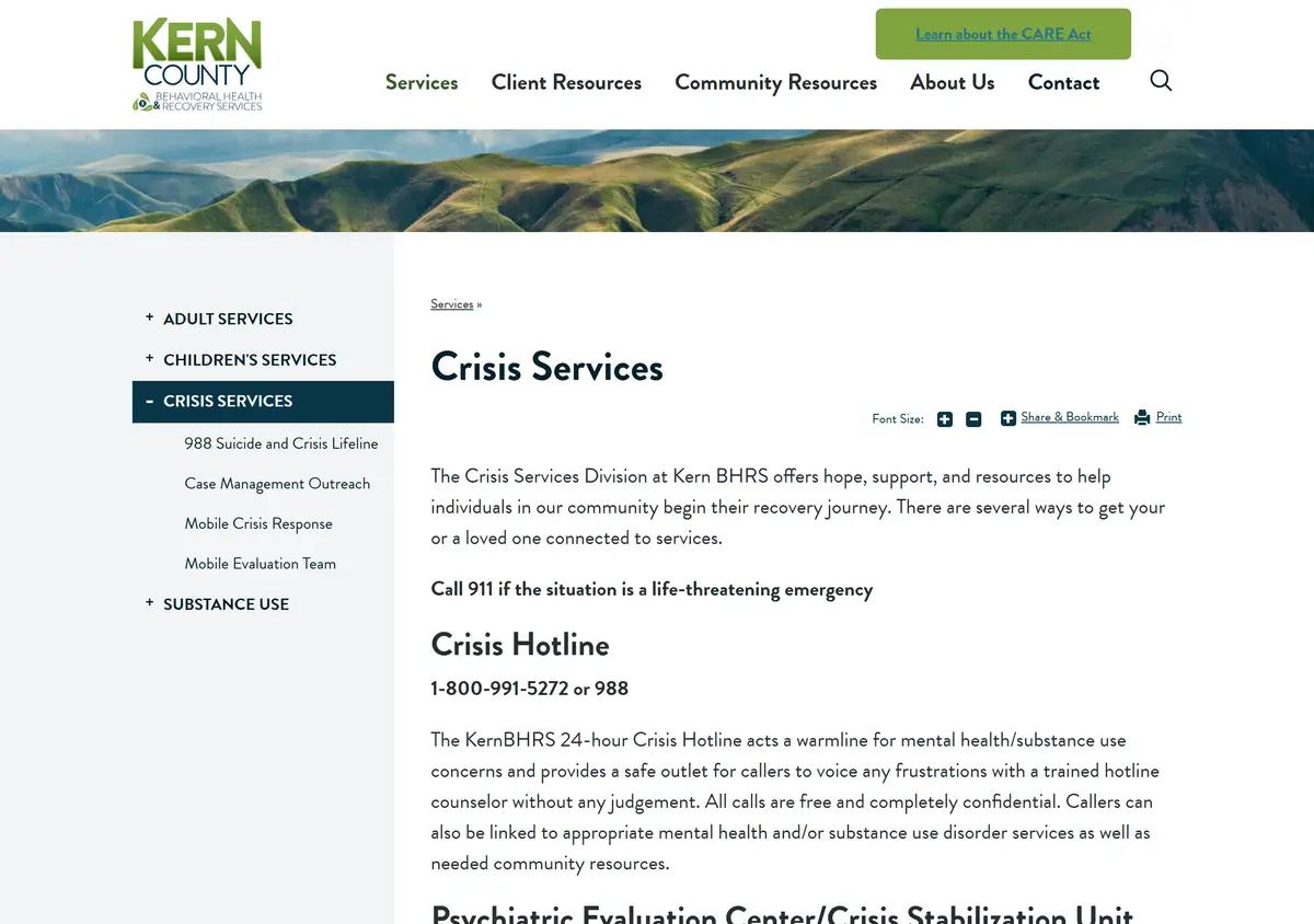 The Kern Behavioral Health crisis services page.