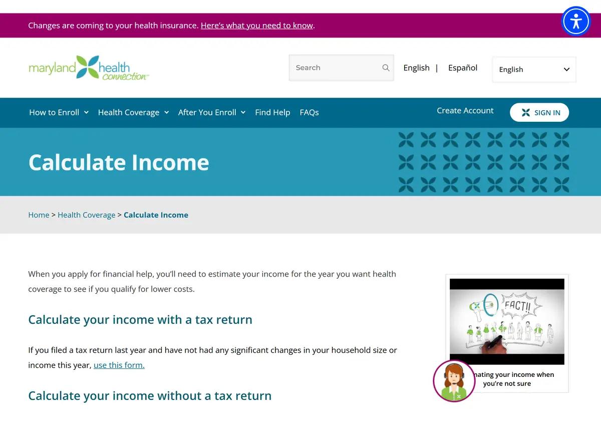 The Maryland Health Connection income calculator.