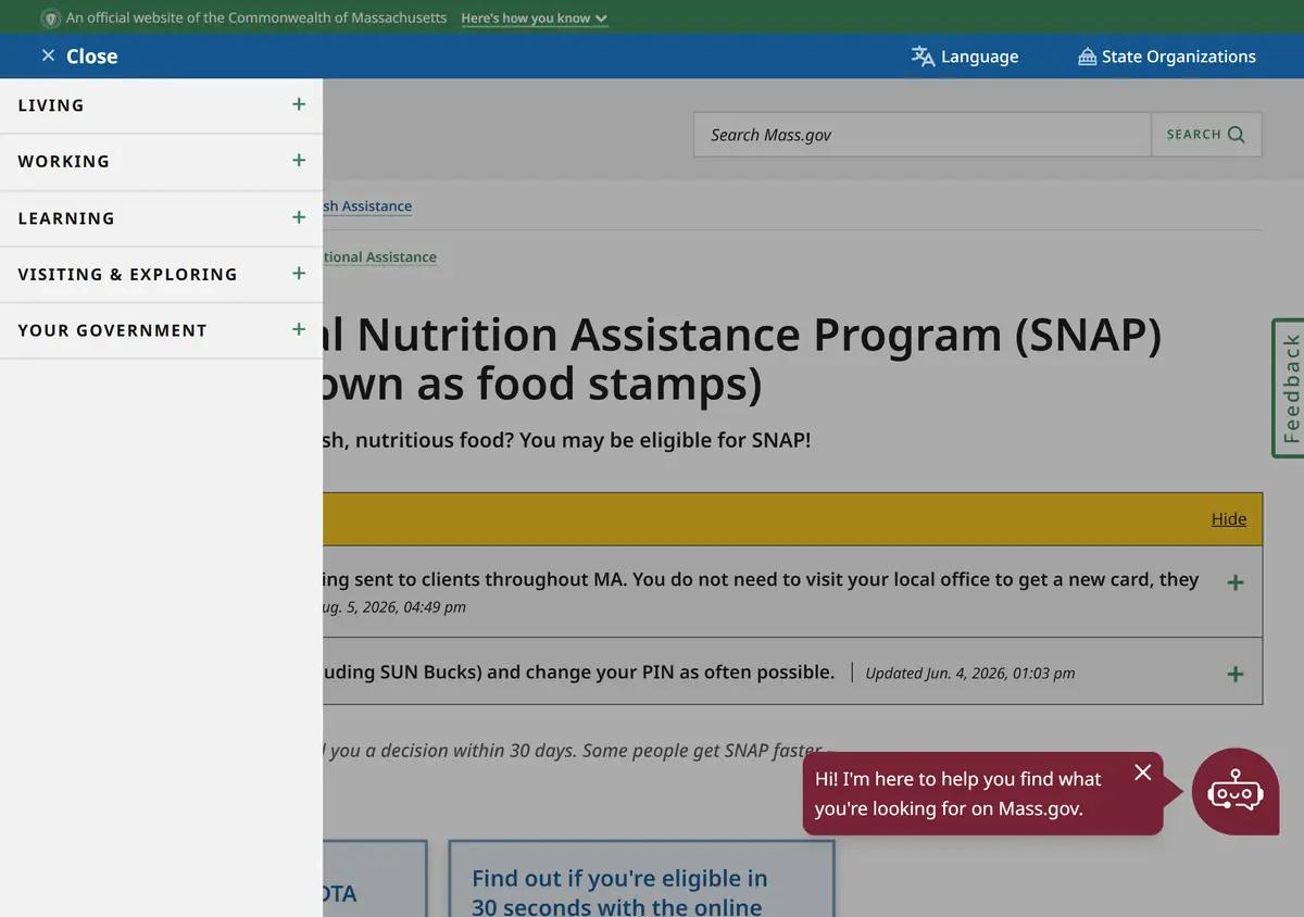 The Massachusetts apply-for-SNAP page.