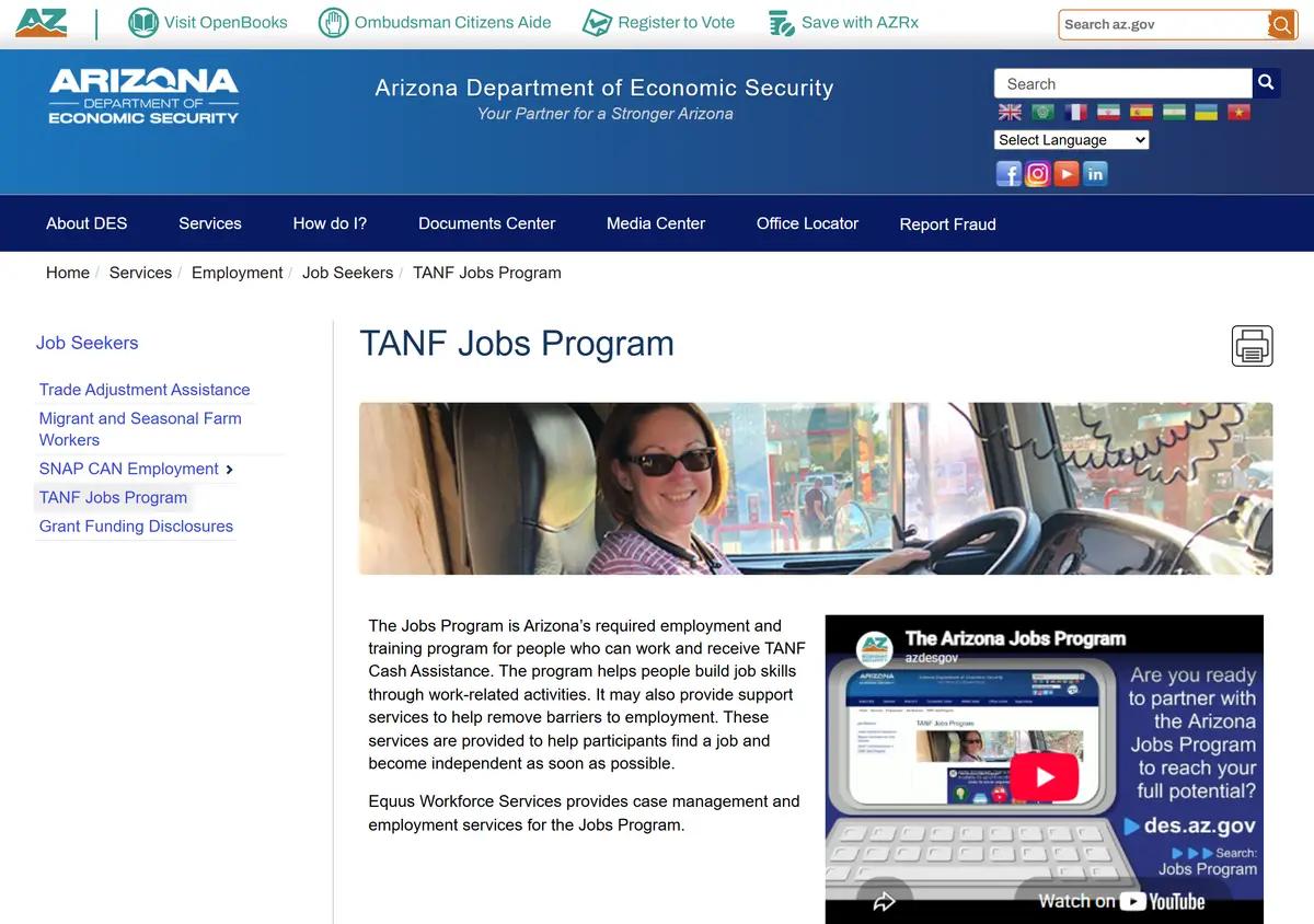 The DES TANF Jobs Program page.