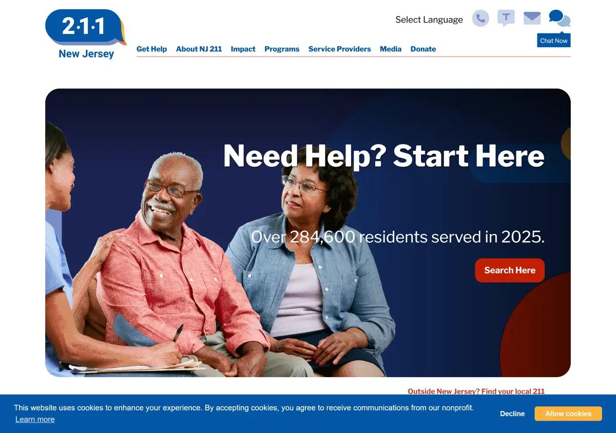 The NJ 211 homepage with phone, text, and chat options.