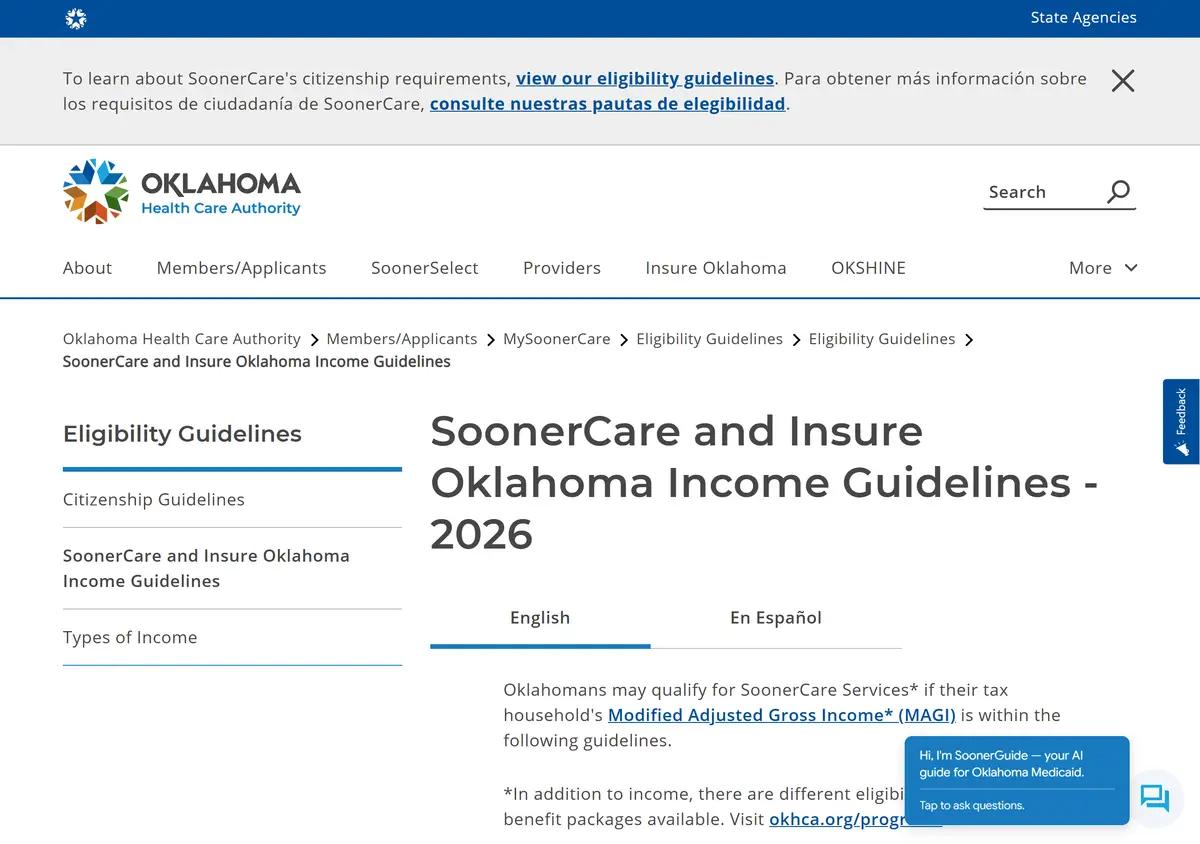 The SoonerCare income guidelines page.