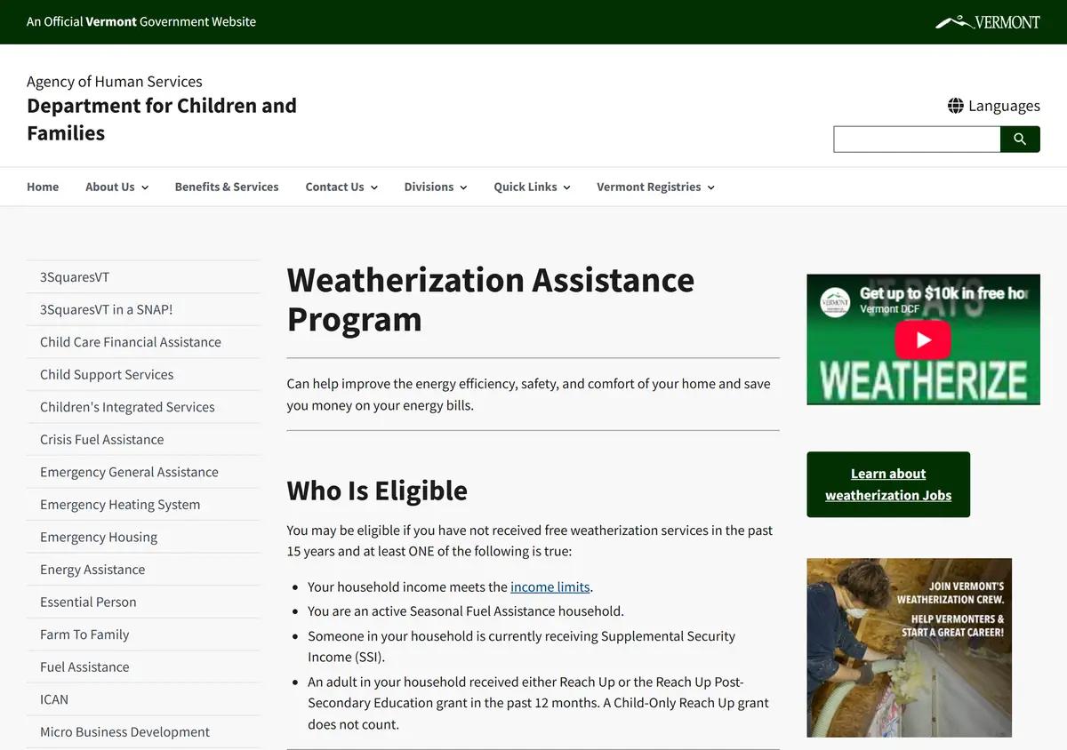 The Vermont Weatherization Assistance Program page.