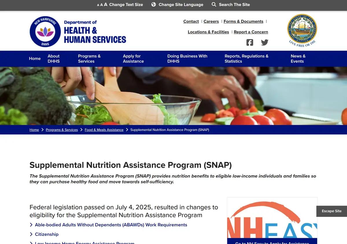 The New Hampshire DHHS SNAP program page.