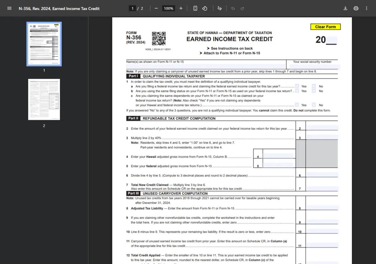 Hawaii Form N-356, the Earned Income Tax Credit form.