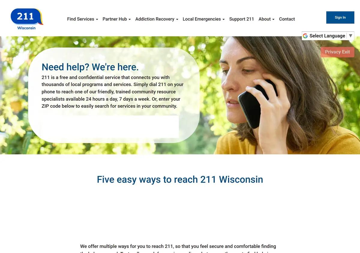 The 211 Wisconsin homepage and resource search.