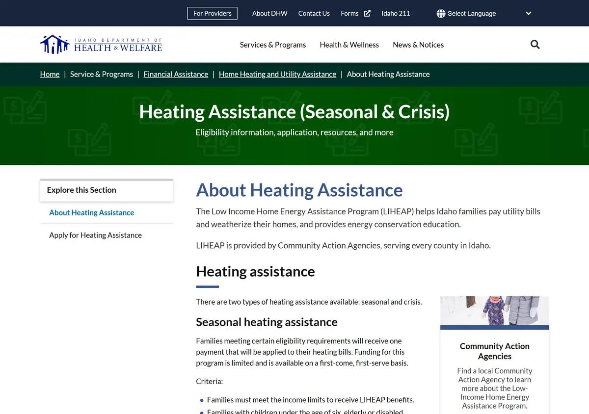 The Idaho Department of Health and Welfare About Heating Assistance page.