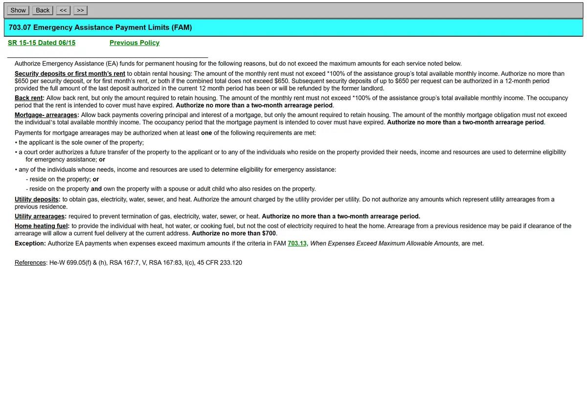 The New Hampshire Emergency Assistance payment limits page.
