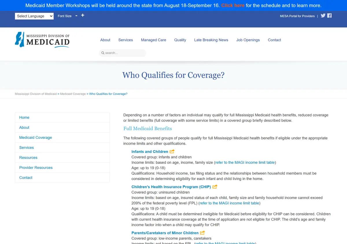 The Mississippi Division of Medicaid who-qualifies page.