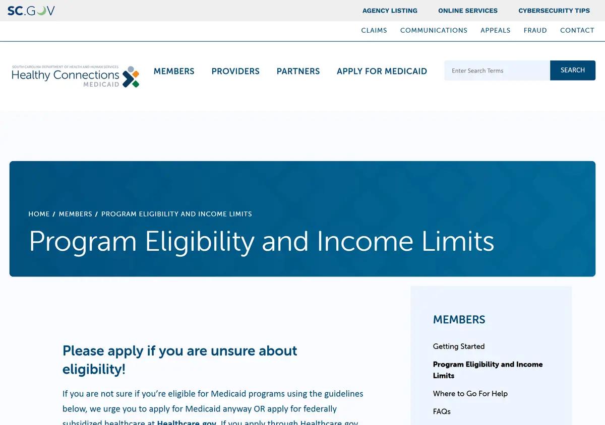 The SCDHHS program eligibility and income limits page.