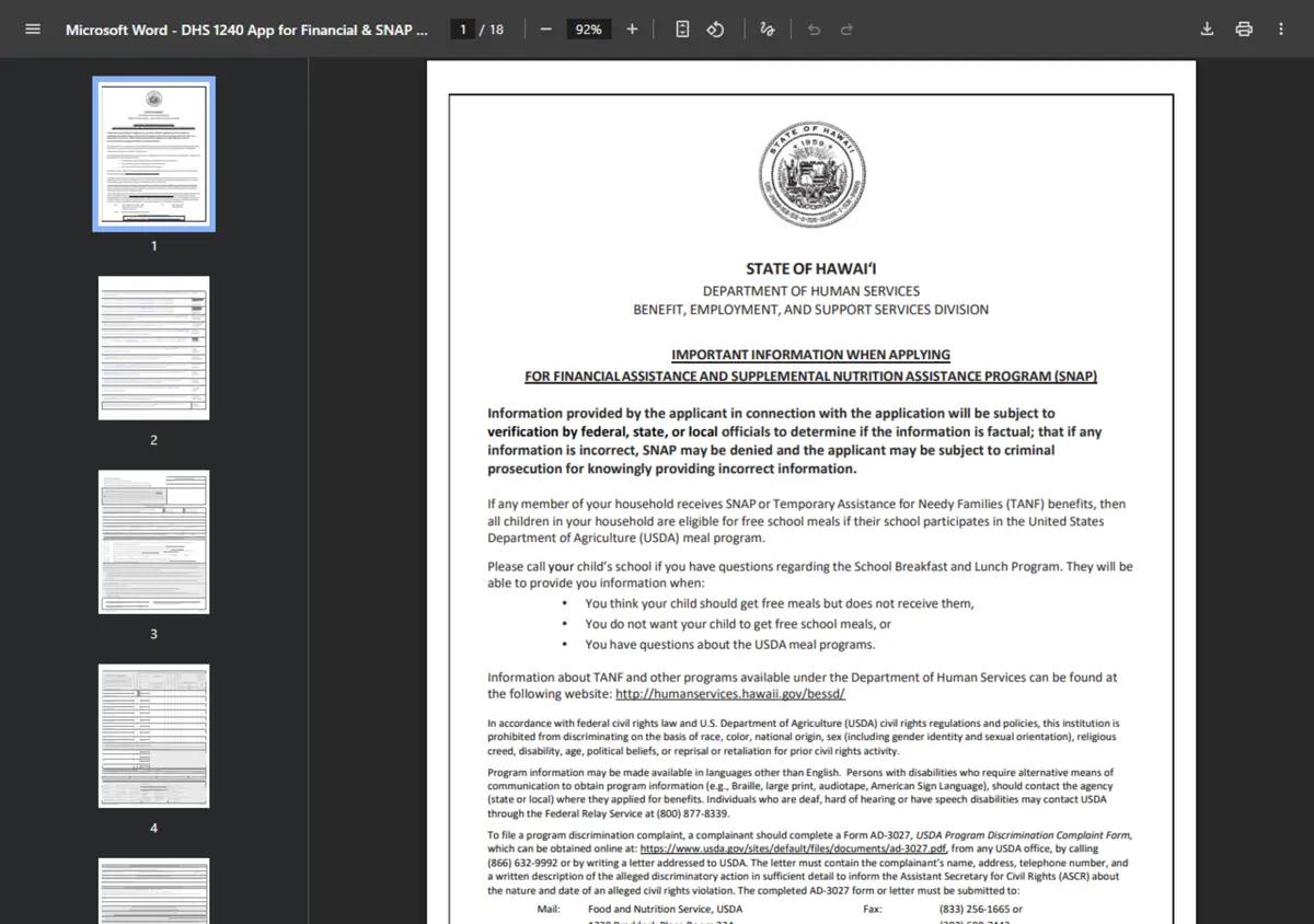 The Hawaii DHS 1240 SNAP and financial assistance application form.
