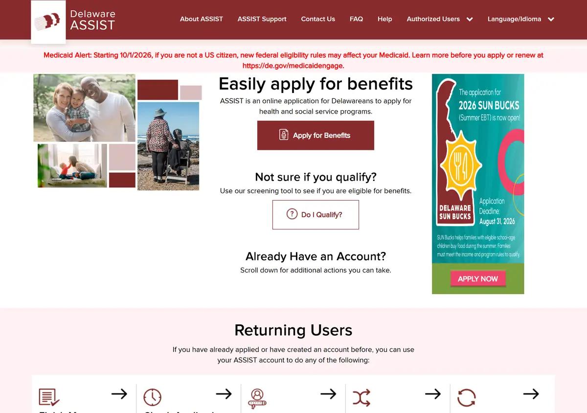 The Delaware ASSIST benefits application portal.