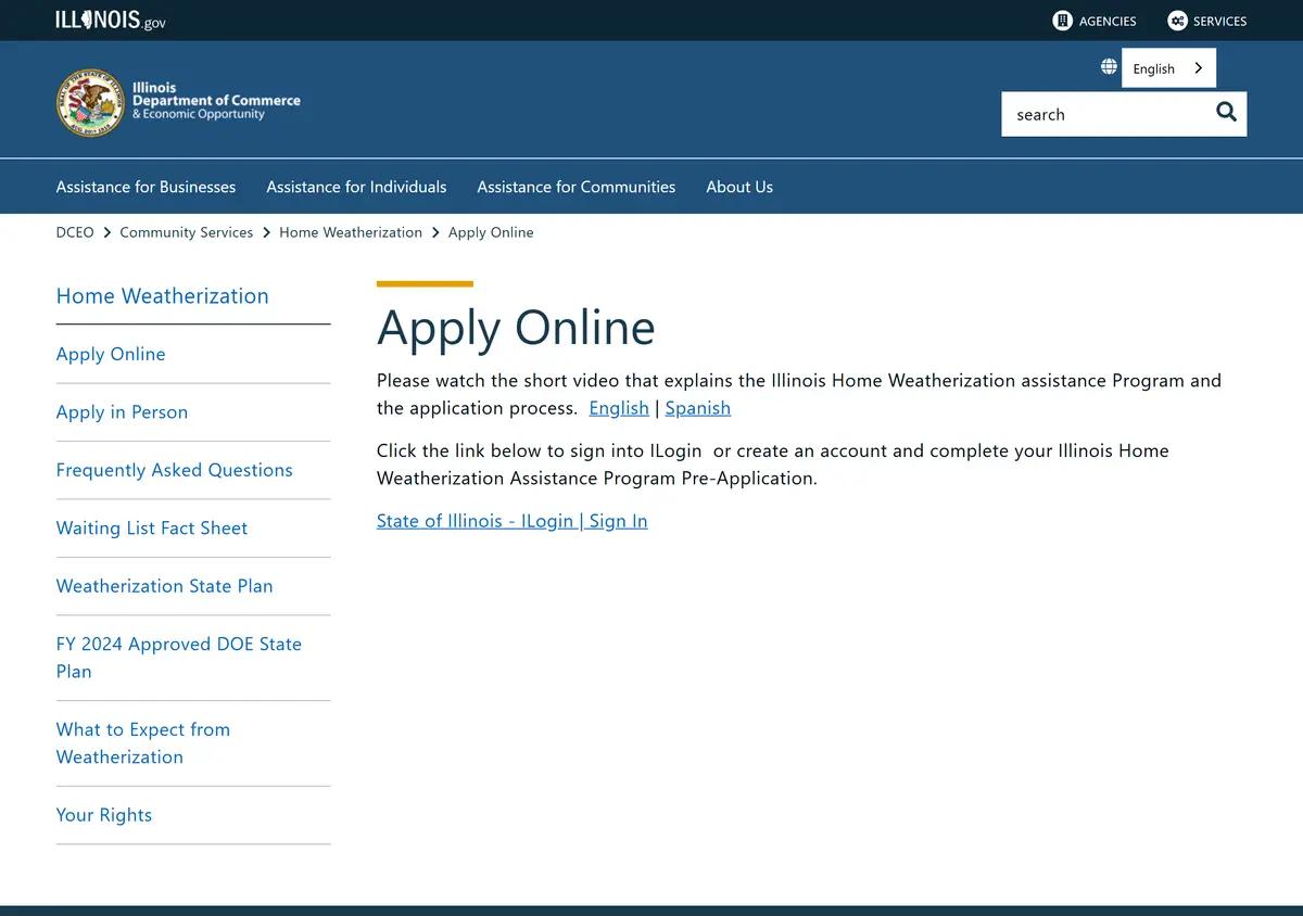 The DCEO weatherization application page.