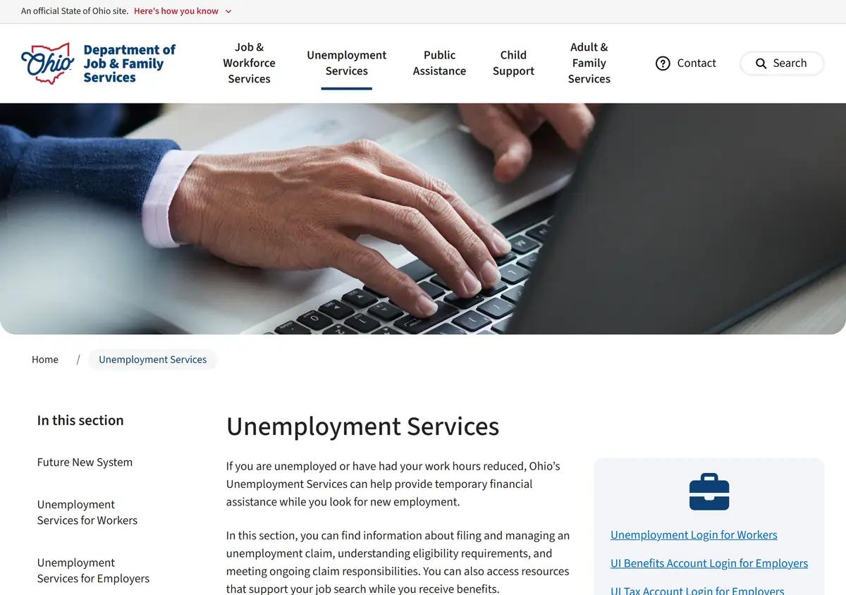 The Ohio JFS unemployment services page.