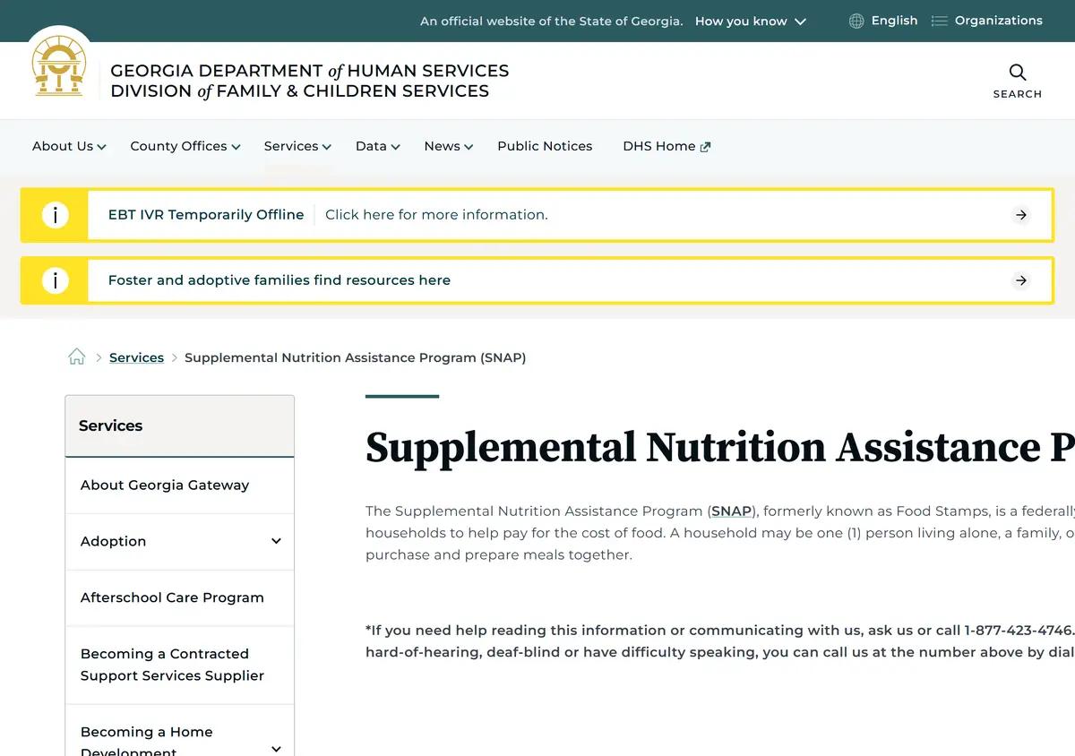 The Georgia DFCS SNAP program page.