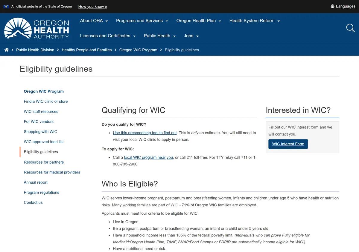 The Oregon WIC income guidelines page.