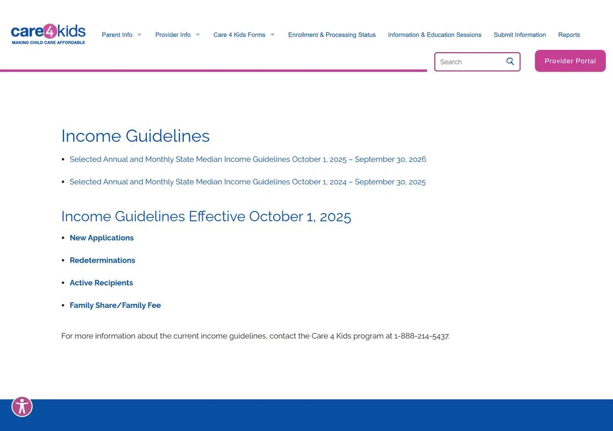 The Care 4 Kids income guidelines page.