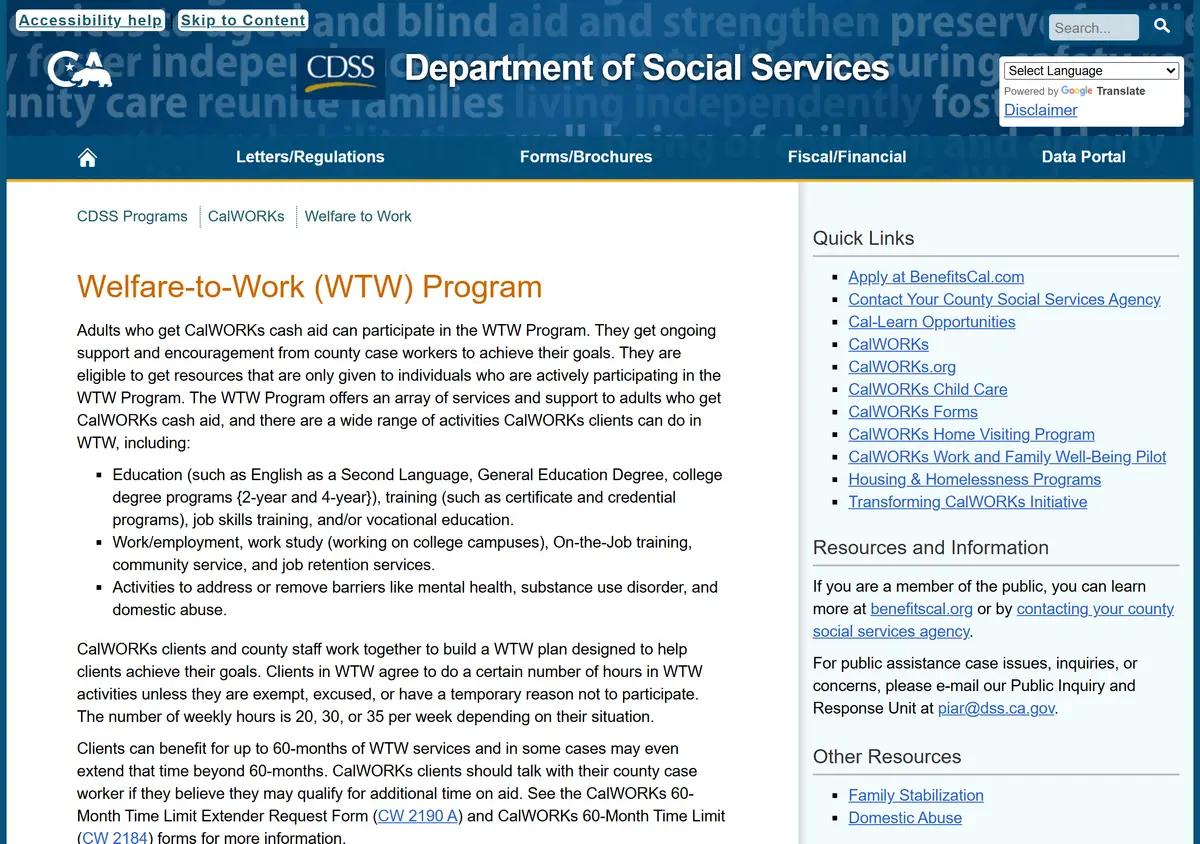 The CalWORKs Welfare-to-Work page.