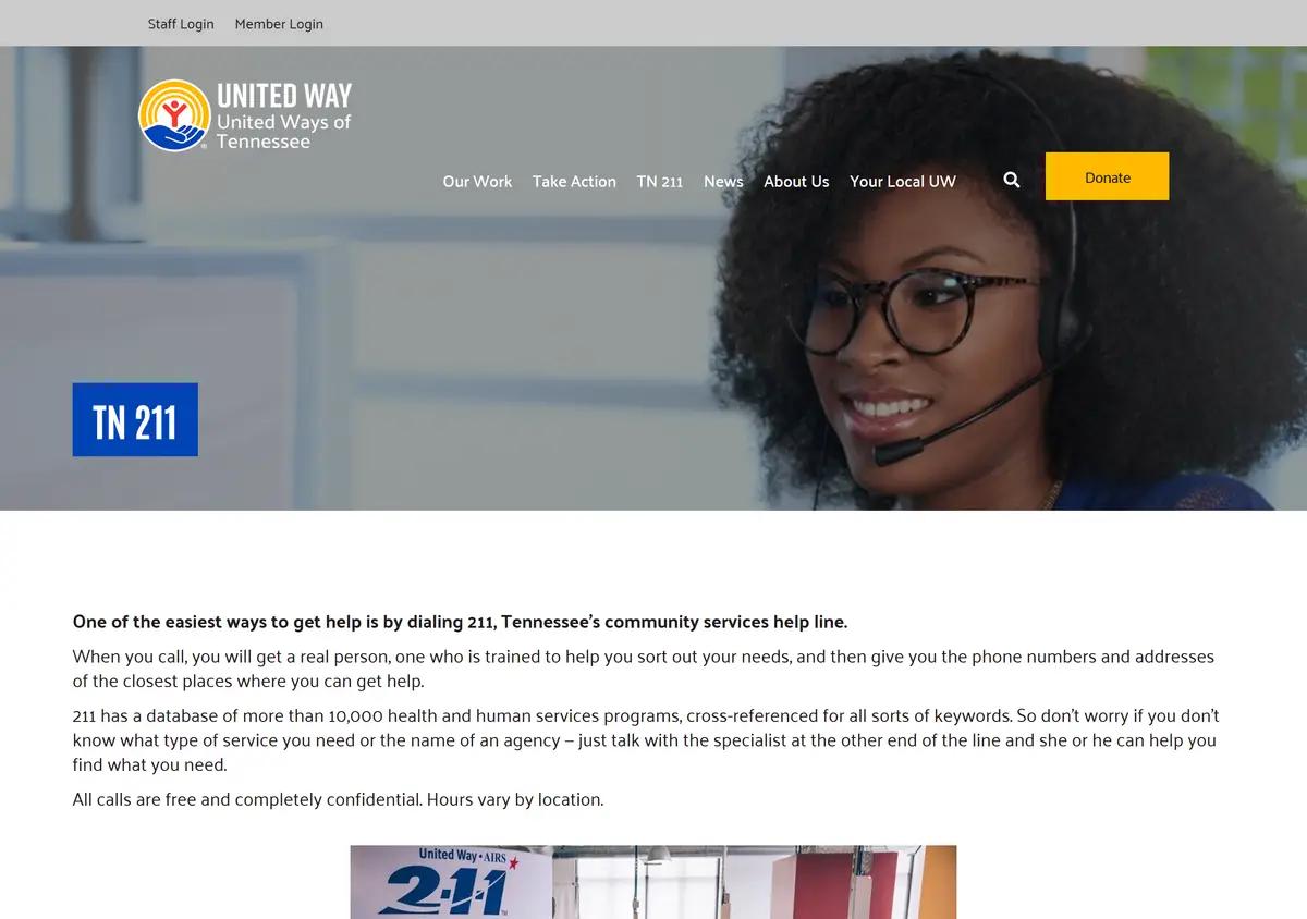 The United Way of Tennessee 211 page.