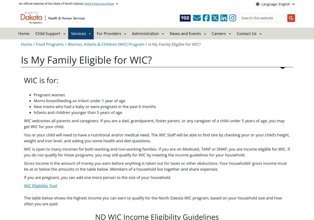 The North Dakota WIC eligibility page.