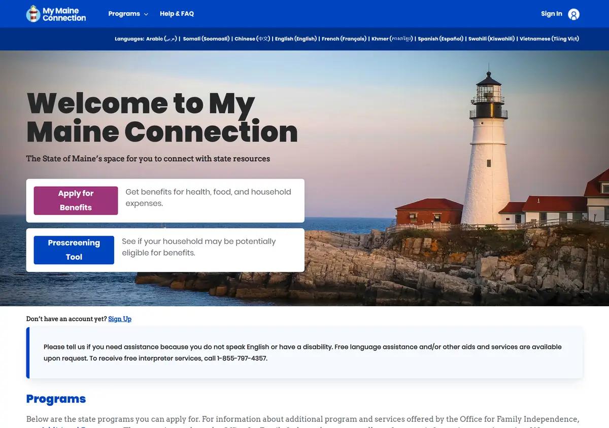 The My Maine Connection benefits login page.