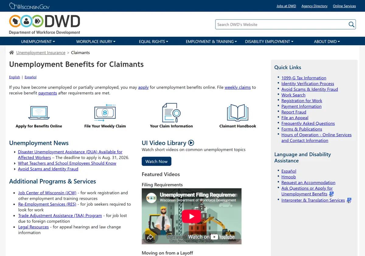 The Wisconsin DWD unemployment benefits page.