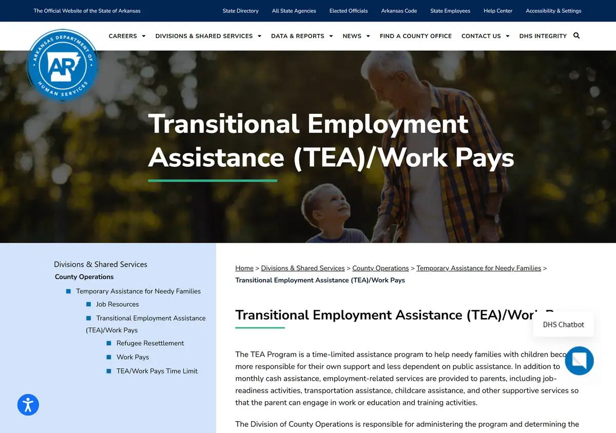 The Arkansas DHS Transitional Employment Assistance page.