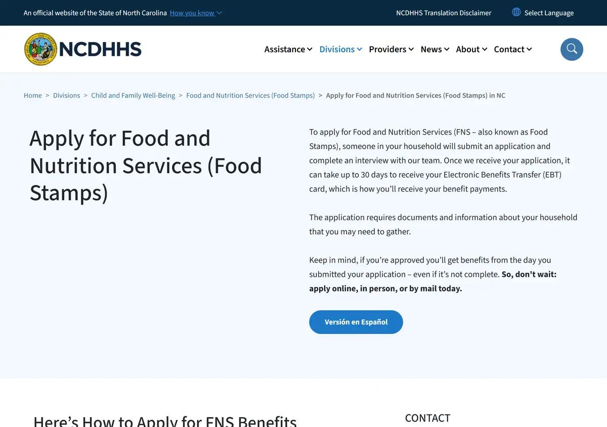 The NCDHHS page explaining how to apply for Food and Nutrition Services.