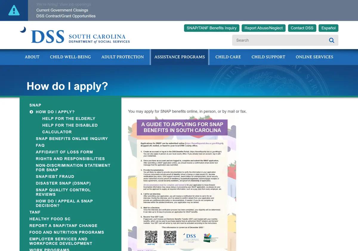 The South Carolina DSS how-to-apply page for SNAP.