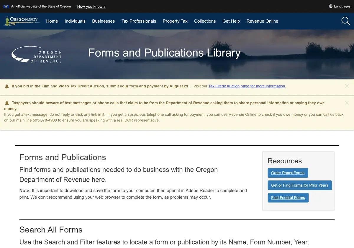 The Oregon Department of Revenue forms page.
