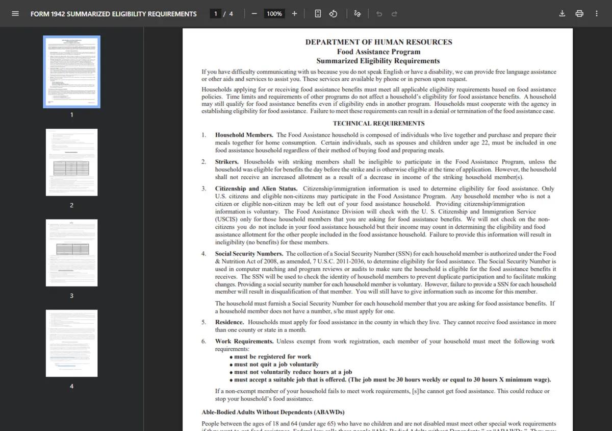 Alabama DHR Form 1942 summarizing SNAP eligibility requirements.