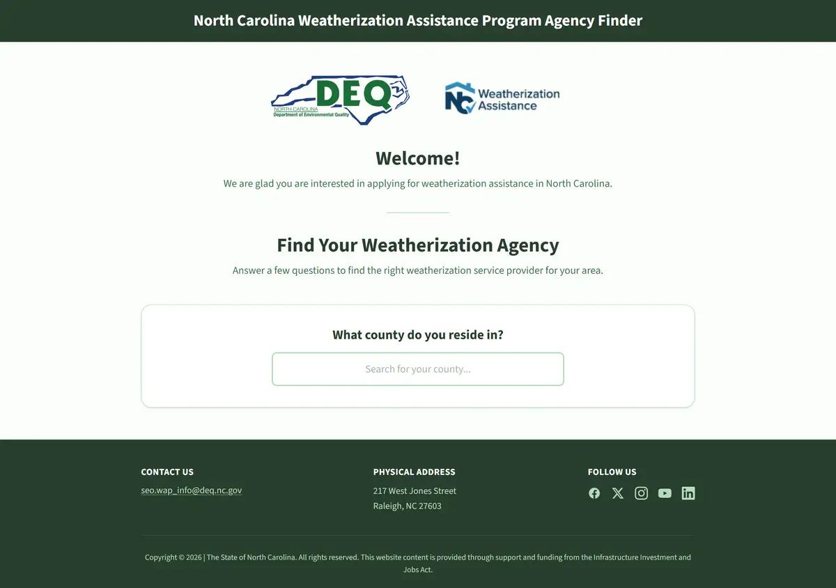 The weatherizenc.org site with the Find Your Agency tool.