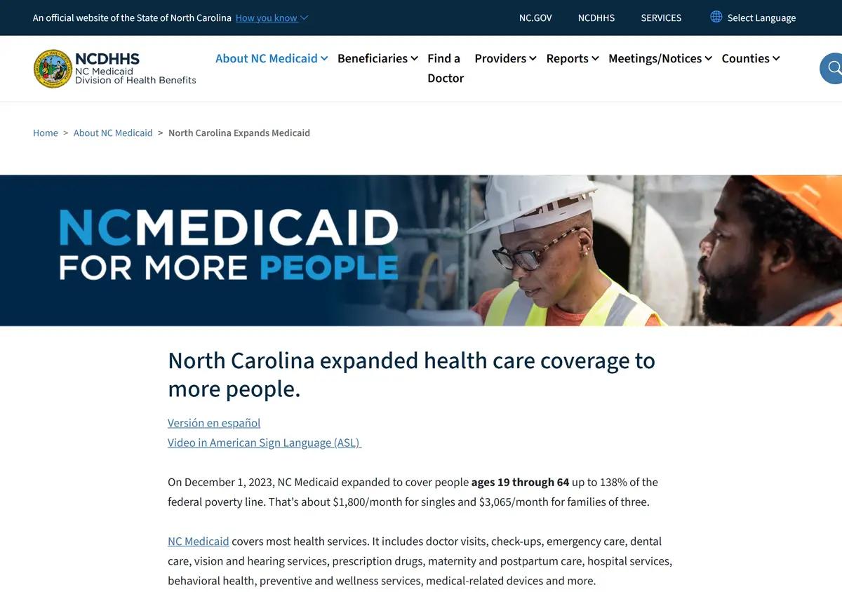 The NC Medicaid expansion page explaining coverage for adults 19 to 64.