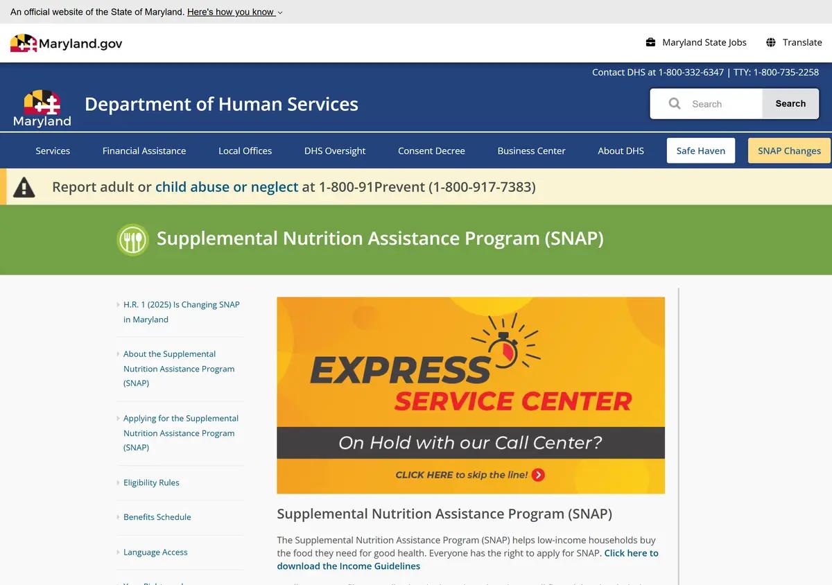 The Maryland DHS Food Supplement Program page.