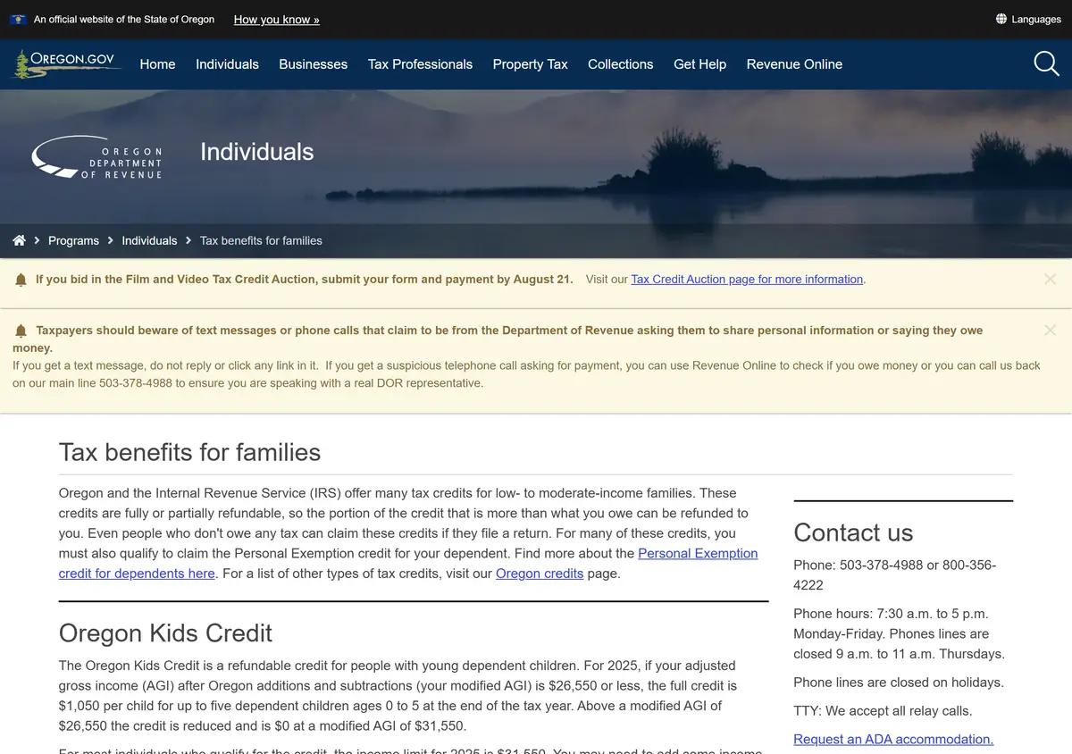 The Oregon Department of Revenue individual tax credits page.