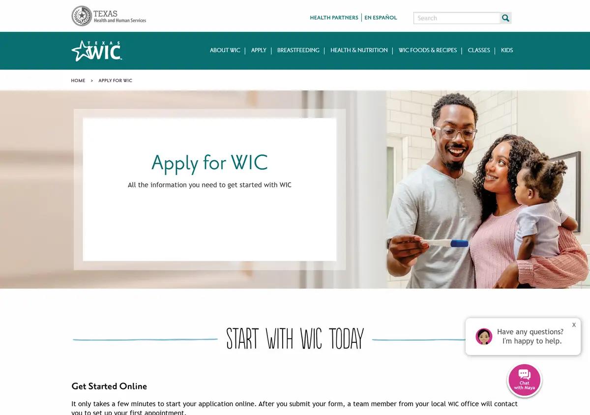 The Texas WIC application page.
