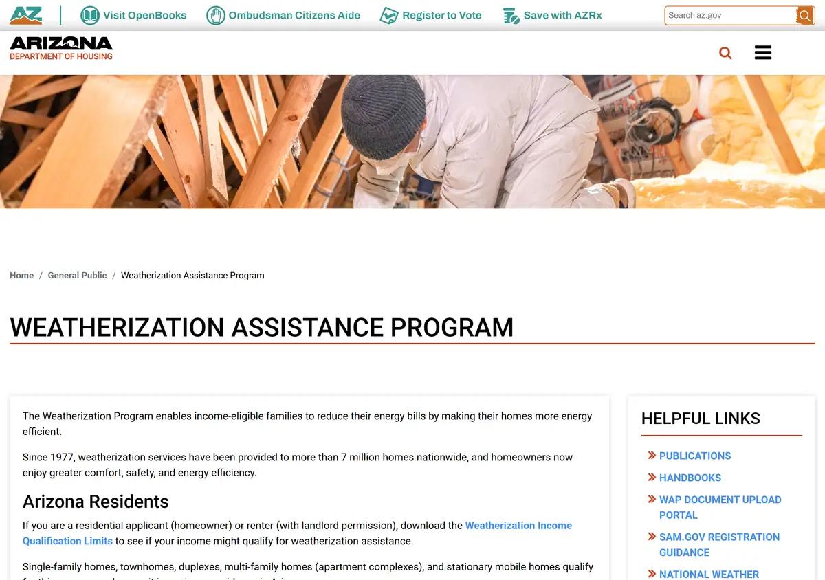 The Arizona Department of Housing weatherization page with the county provider list.