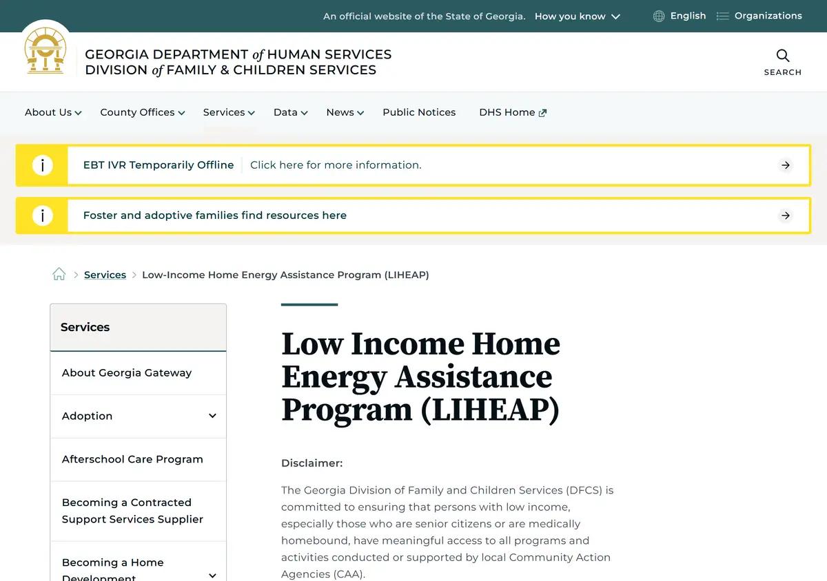 The Georgia DFCS LIHEAP program page with the provider list.
