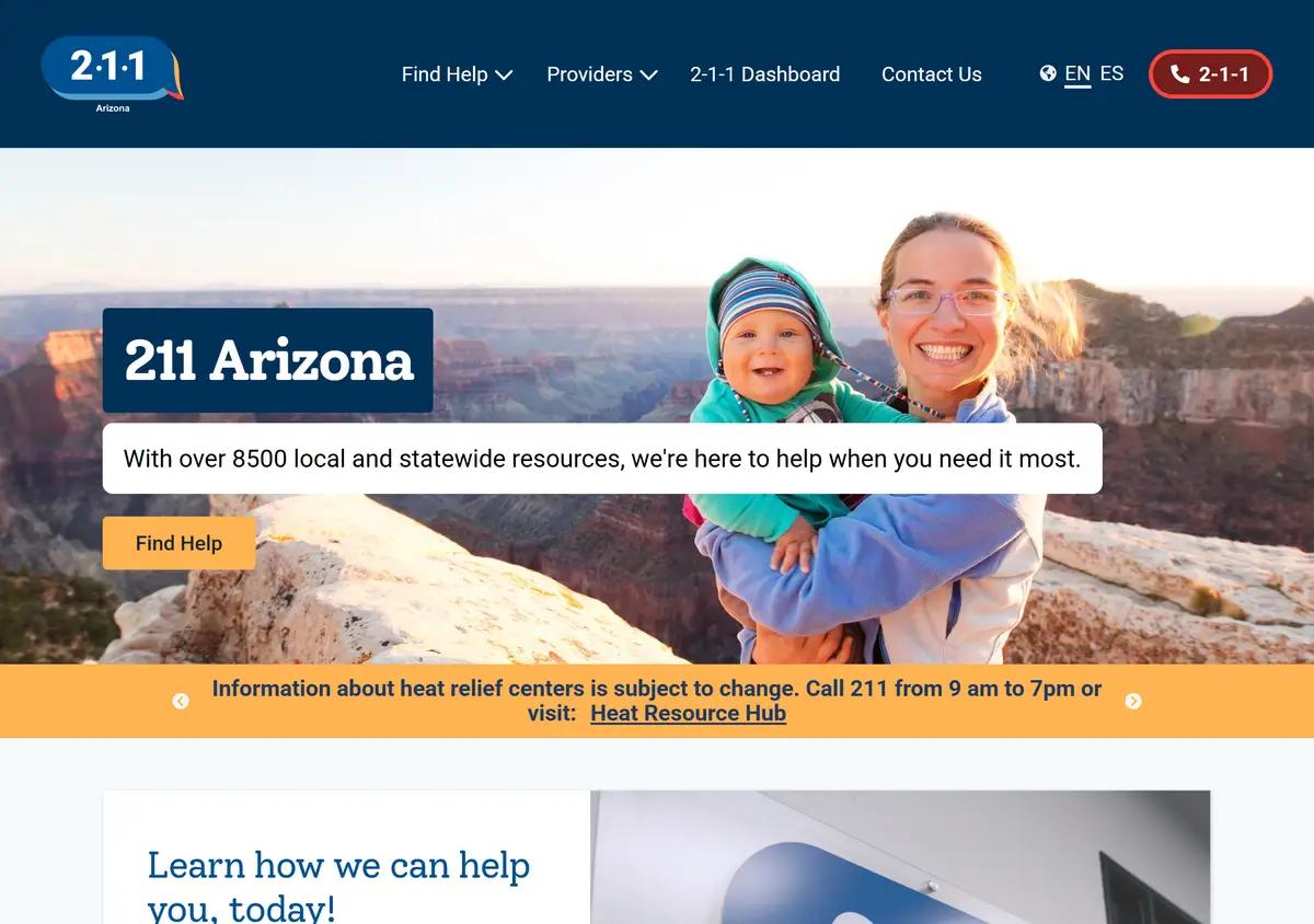 The 211 Arizona homepage with hours and contact options.